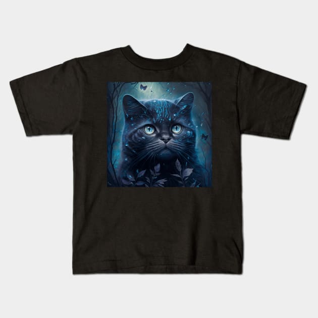 Black British Shorthair Wonderland Kids T-Shirt by Enchanted Reverie